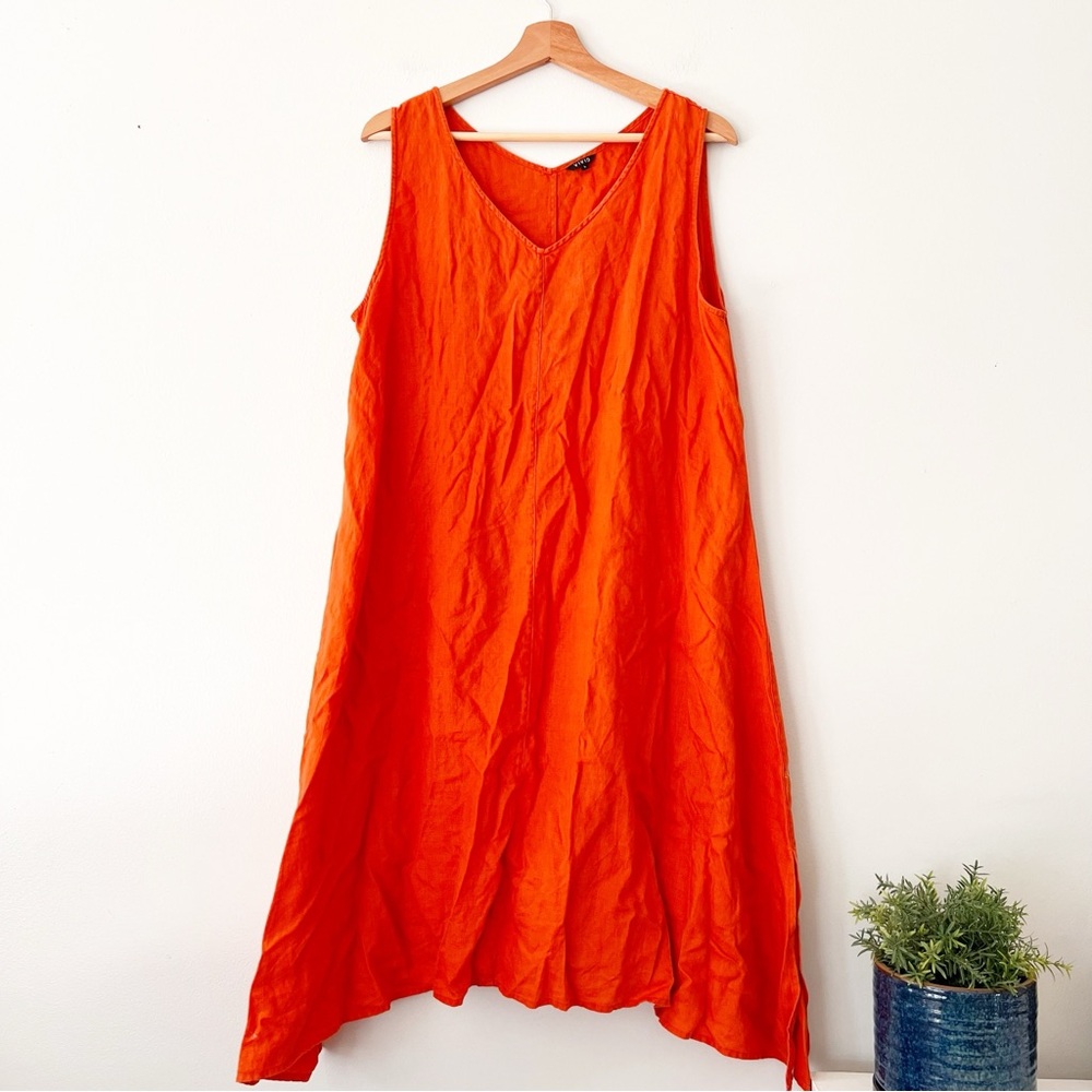 Vivid orange tunic dress linen lagenlook v neck orange Size Large